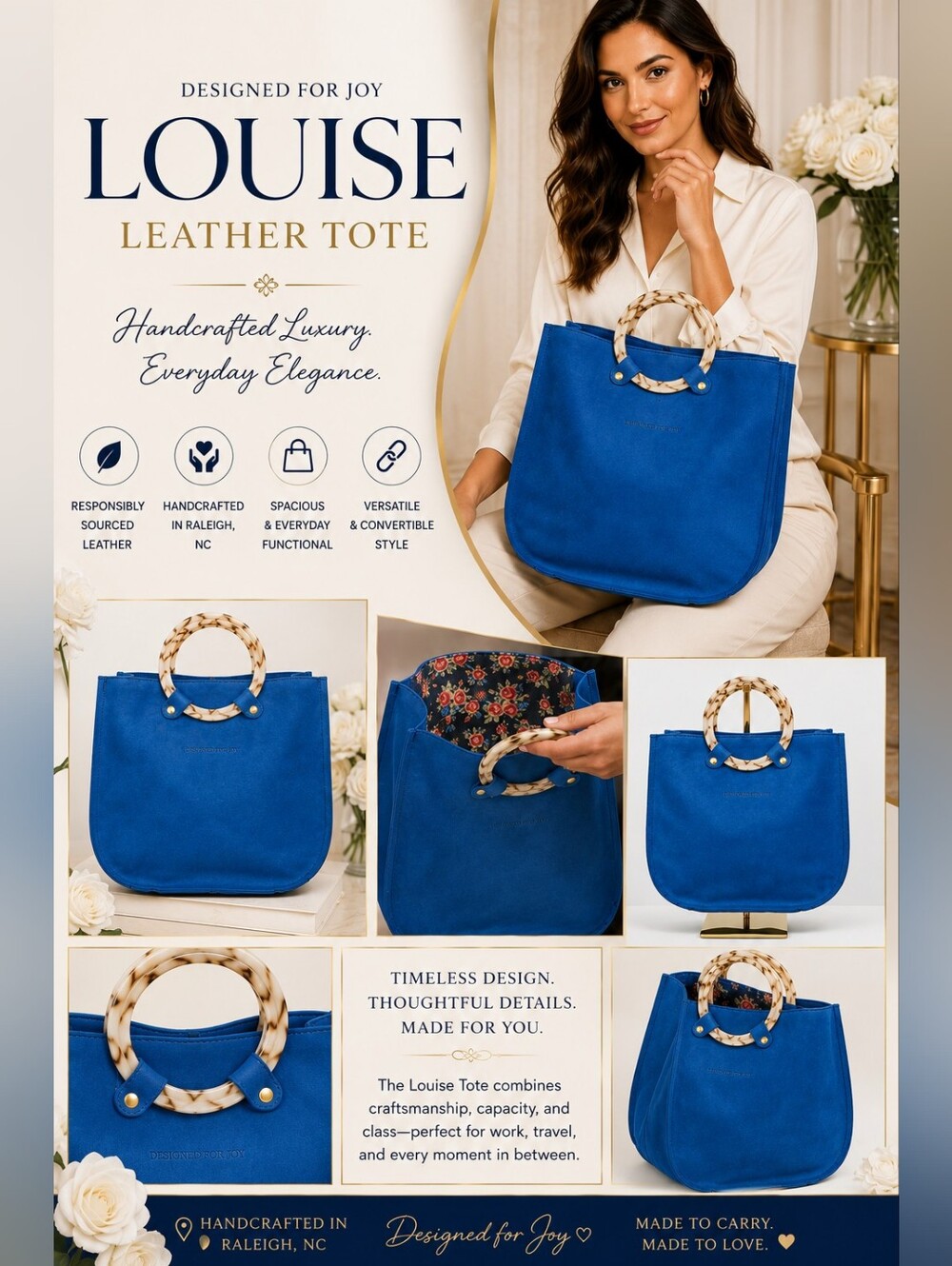 Joy Louise | Leather Top Handle Tote Bag | Handcrafted Large